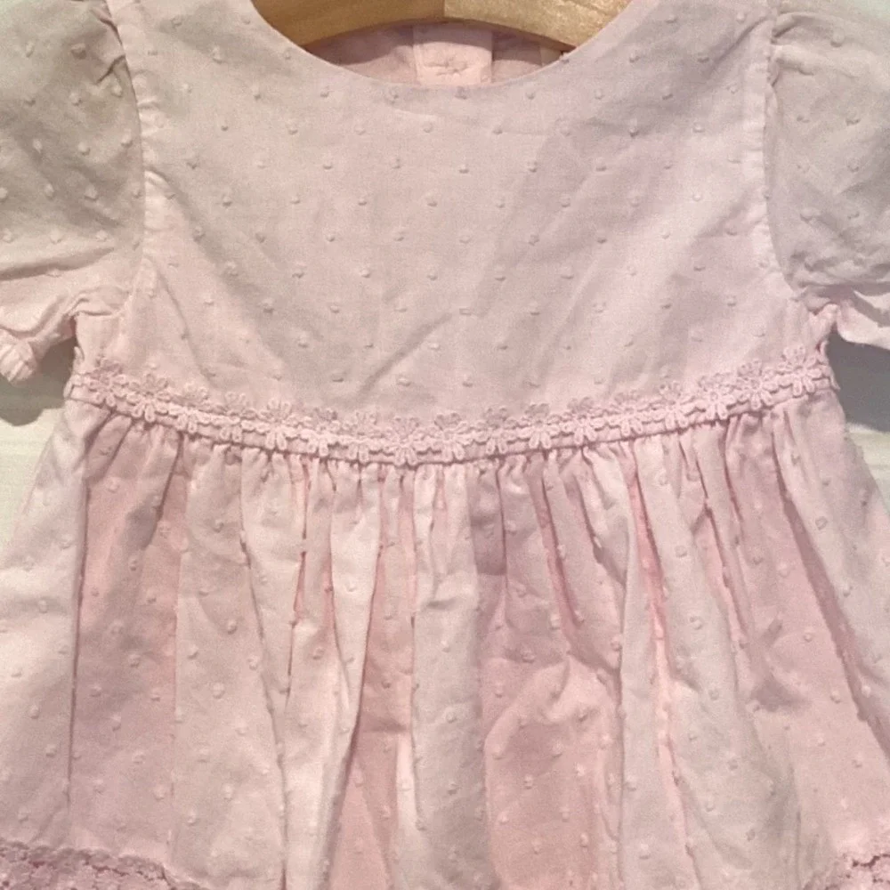 Baby B'gosh Girls Pink Swiss Dot Lace Trim Dress 6M Short Sleeve Cotton